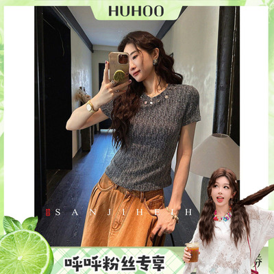 【呼呼专享】三吉黑花【欢游】钉珠烫钻短袖T恤内搭打底衫