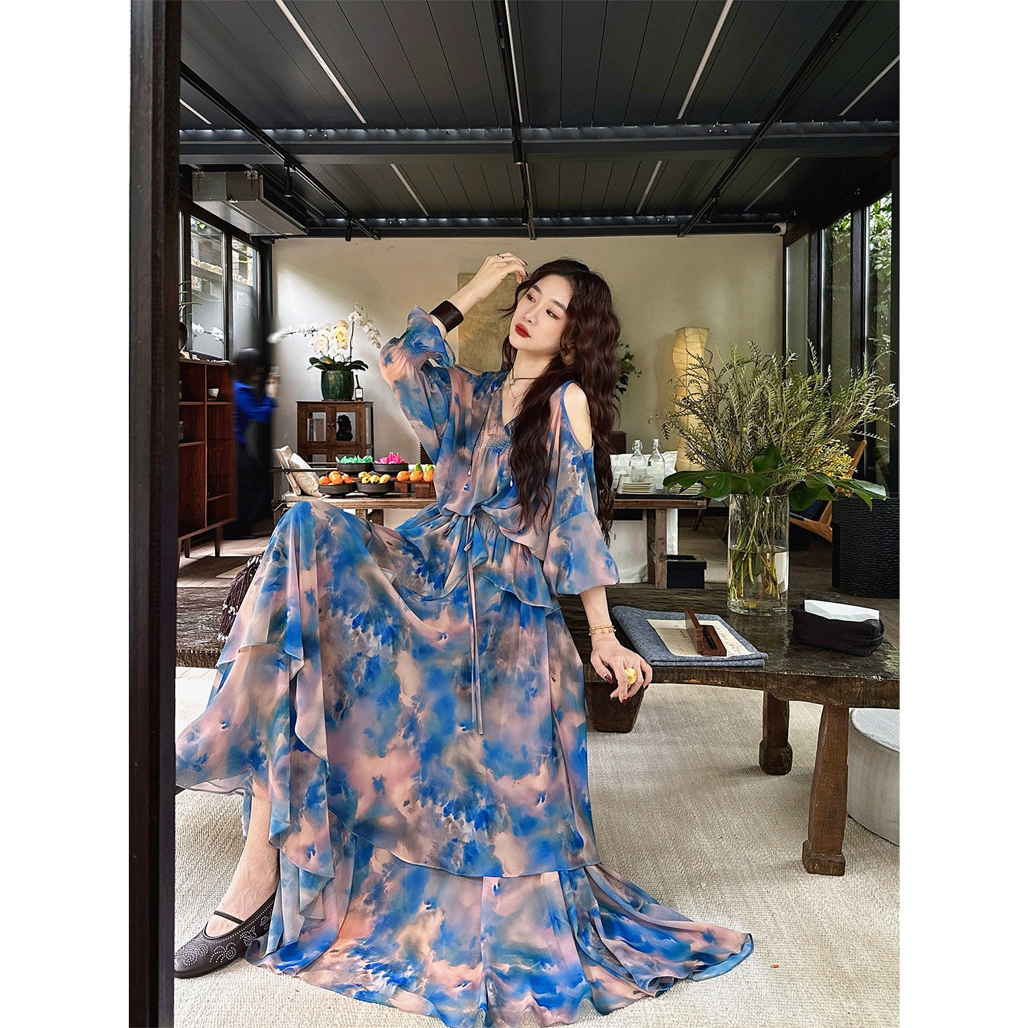 【呼呼专享】三吉黑花【花信风】连衣裙子今年流行两件拖尾长裙
