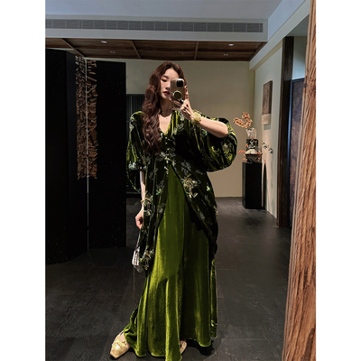 【呼呼严选专享】【锦上花】新中式国风丝绒烂花连衣裙子秋季长裙
