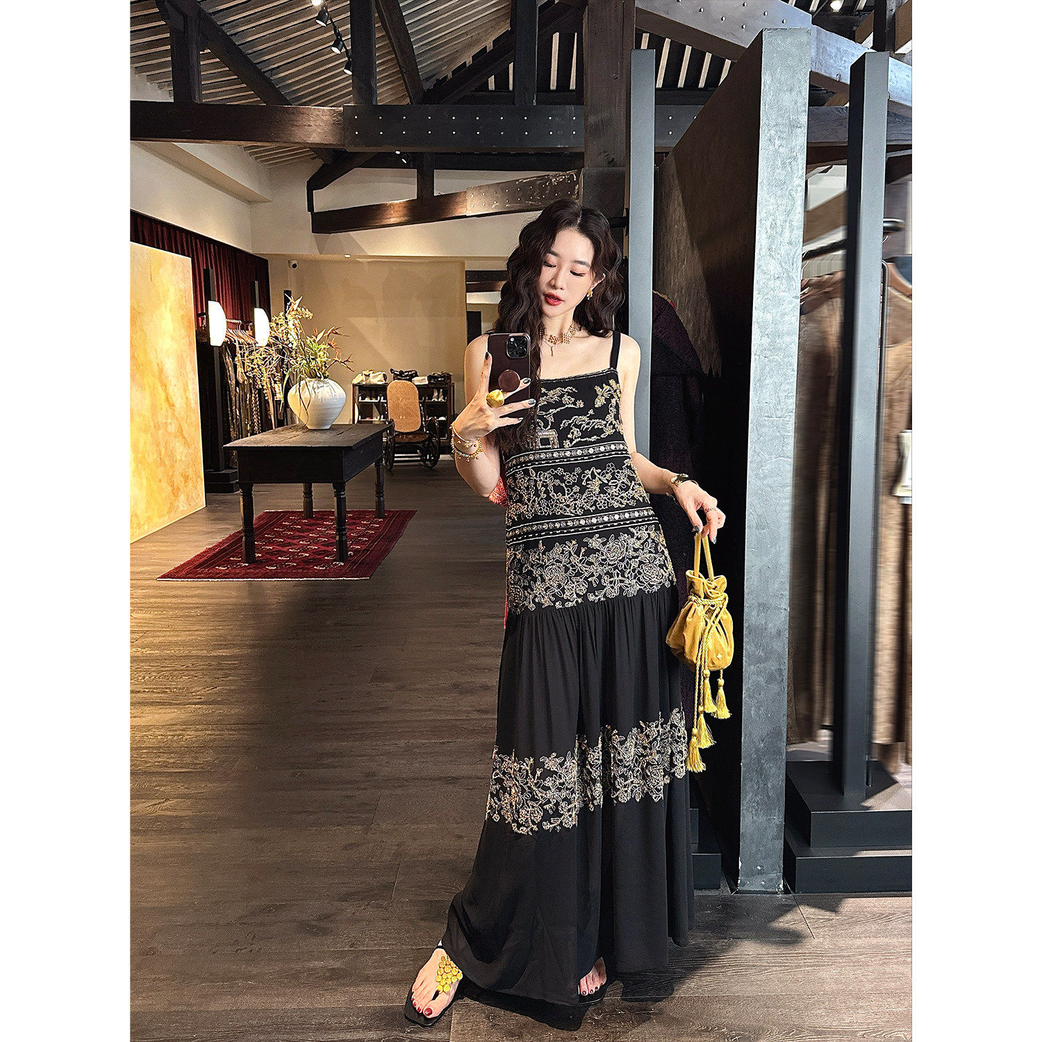 【呼呼专享】三吉黑花【金银满山】连衣裙重工国风吊带长裙子