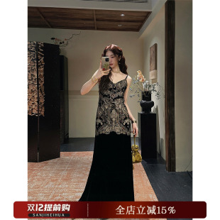 刺绣丝绒连衣裙子早秋季 新中式 栖雀 吊带长裙潮 哼哈冰冰