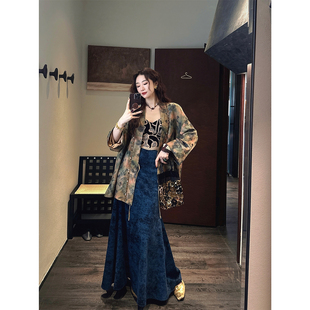 【夏天粉丝专享】【青岩】国风丝绒烫金A字半身裙女鱼尾裙子长款