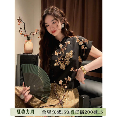 【二米专属】三吉黑花【花卧酒】短袖衬衫气质女士上衣