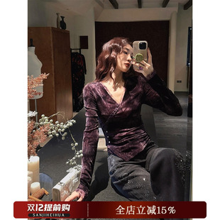 早秋chic上衣内搭打底衫 扎染蕾丝长袖 乐禧 T恤 哼哈冰冰