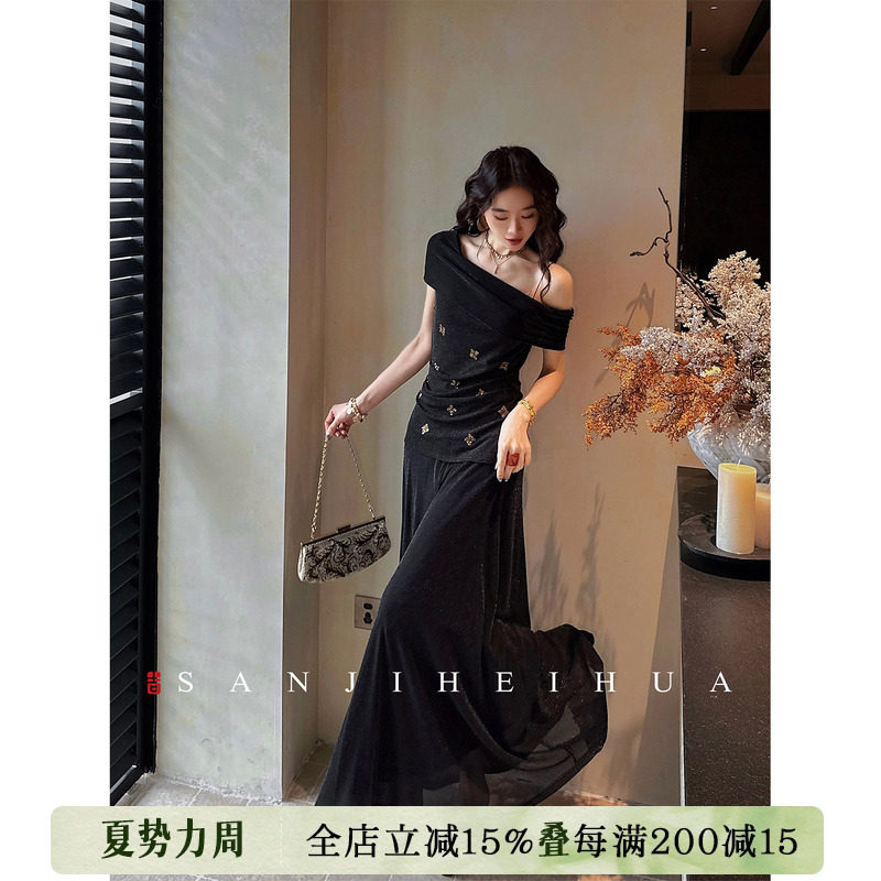 【呼呼专享】三吉黑花【鸟不知】新中式珠绣银丝针织露肩连衣裙