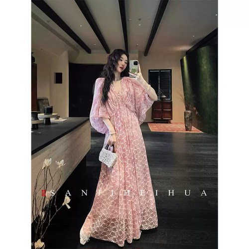 【妞妞专享】三吉黑花【月如银】新中式扎染蕾丝提花连衣裙子