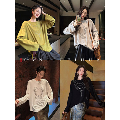 【呼呼专享】三吉黑花【古域】新中式古铜烫片天丝羊毛打底衫