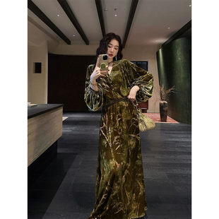 【呼呼专享】三吉黑花【如初妆】绣花烫钻丝绒裙秋冬连衣裙子