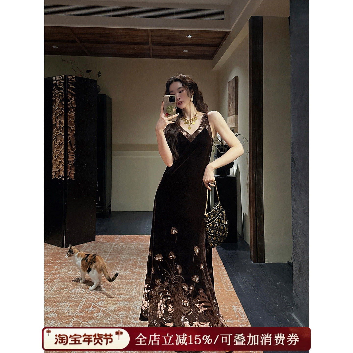 【夏天粉丝专享】三吉黑花【花本汐】蕾丝绒连衣裙子背心长裙,女装/女士精品,连衣裙,淘宝优惠券,粉丝福利购,淘宝优惠卷