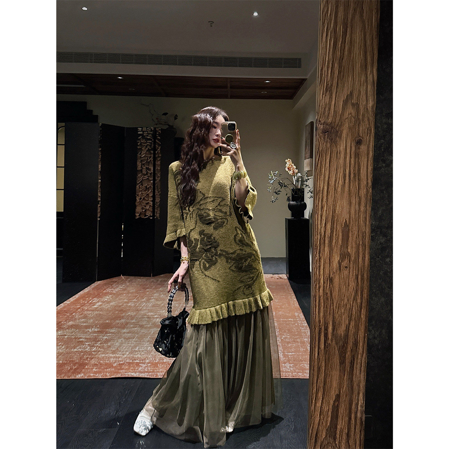 【呼呼专享】三吉黑花【闻花茗】连衣裙子早秋国风羊毛衣薄纱长裙,女装/女士精品,连衣裙,淘宝优惠券,粉丝福利购,淘宝优惠卷