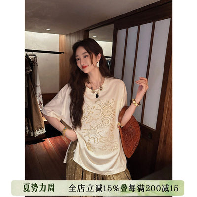 【呼呼专享】三吉黑花【奥罗拉】国风金丝绣花短袖T恤女国风