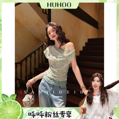 【呼呼专享】三吉黑花【添香】针织短袖打底烧花丝绒烫金蕾丝斜肩