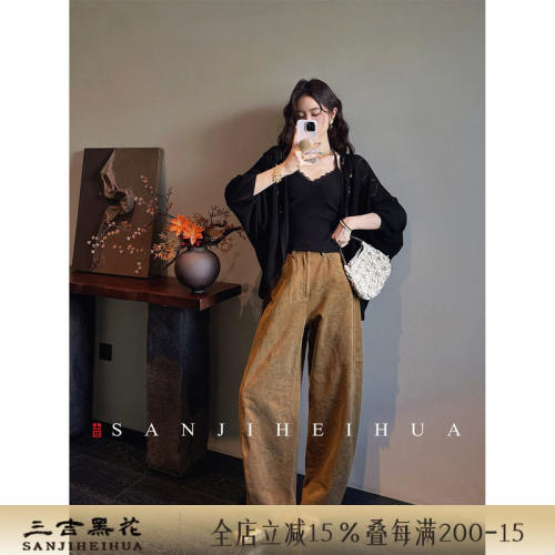 【夏天粉丝专享】三吉黑花【棕榈】新中式天丝棉提花弯刀裤子