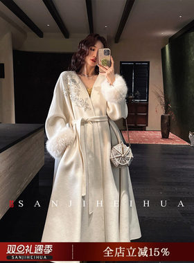 《鹦鹉梨严选》三吉黑花【初见】100绵羊毛双面呢大衣SJXCO0942X