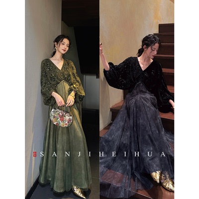 【呼呼专享】三吉黑花【上喜】蕾丝网纱秋冬装连衣裙子连身长裙