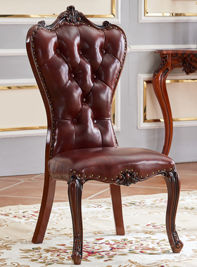 欧式餐椅实木高端简约美式做旧高靠背舒适椅复古雕花酒店家用椅子