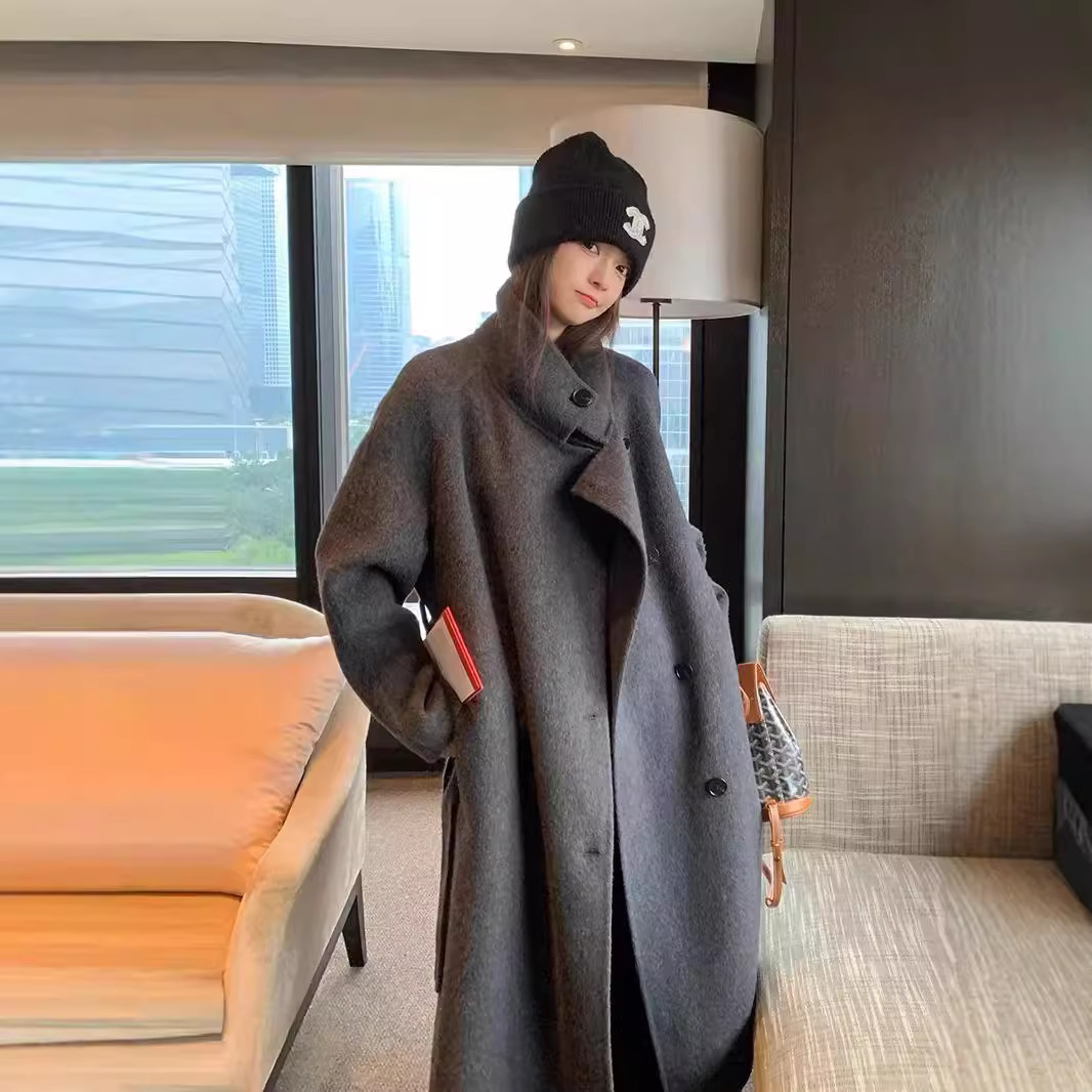 秋冬新款韩版长毛立领侧扣宽松a型双面羊绒大衣女感羊毛外套