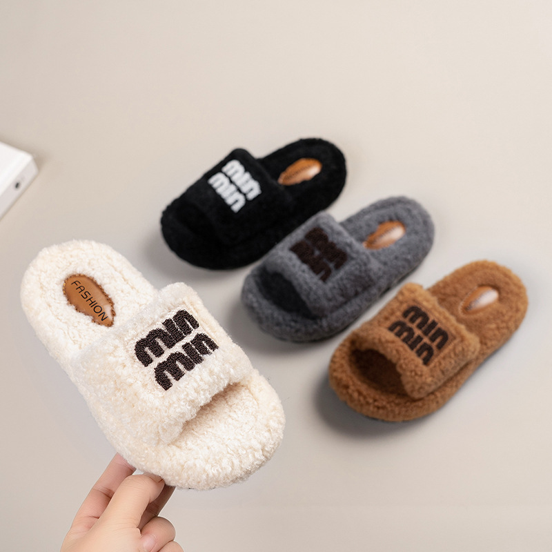 女童厚底毛毛拖鞋外穿2025新款秋冬季超火毛茸茸m字网红时尚棉拖