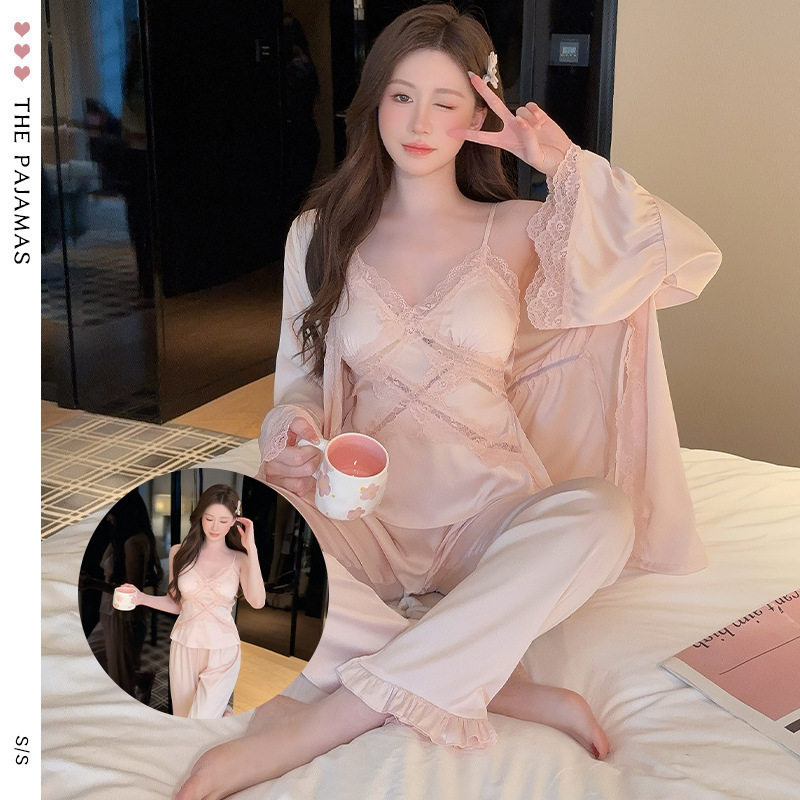 新款缎面质感丝绸睡衣蕾丝性感冰