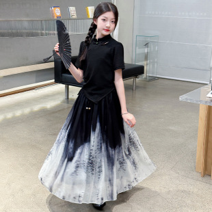 复古气质上衣水墨画半身裙 女童新中式 国风套装 2025夏季 新款