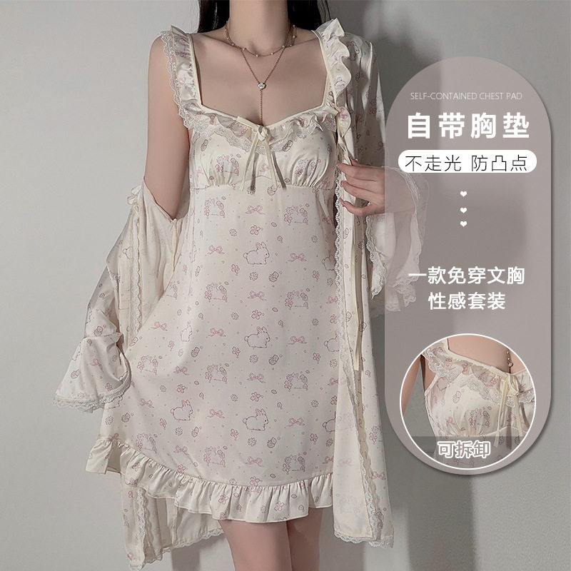 瑰若缎面印花加胸垫蕾丝拼接甜美
