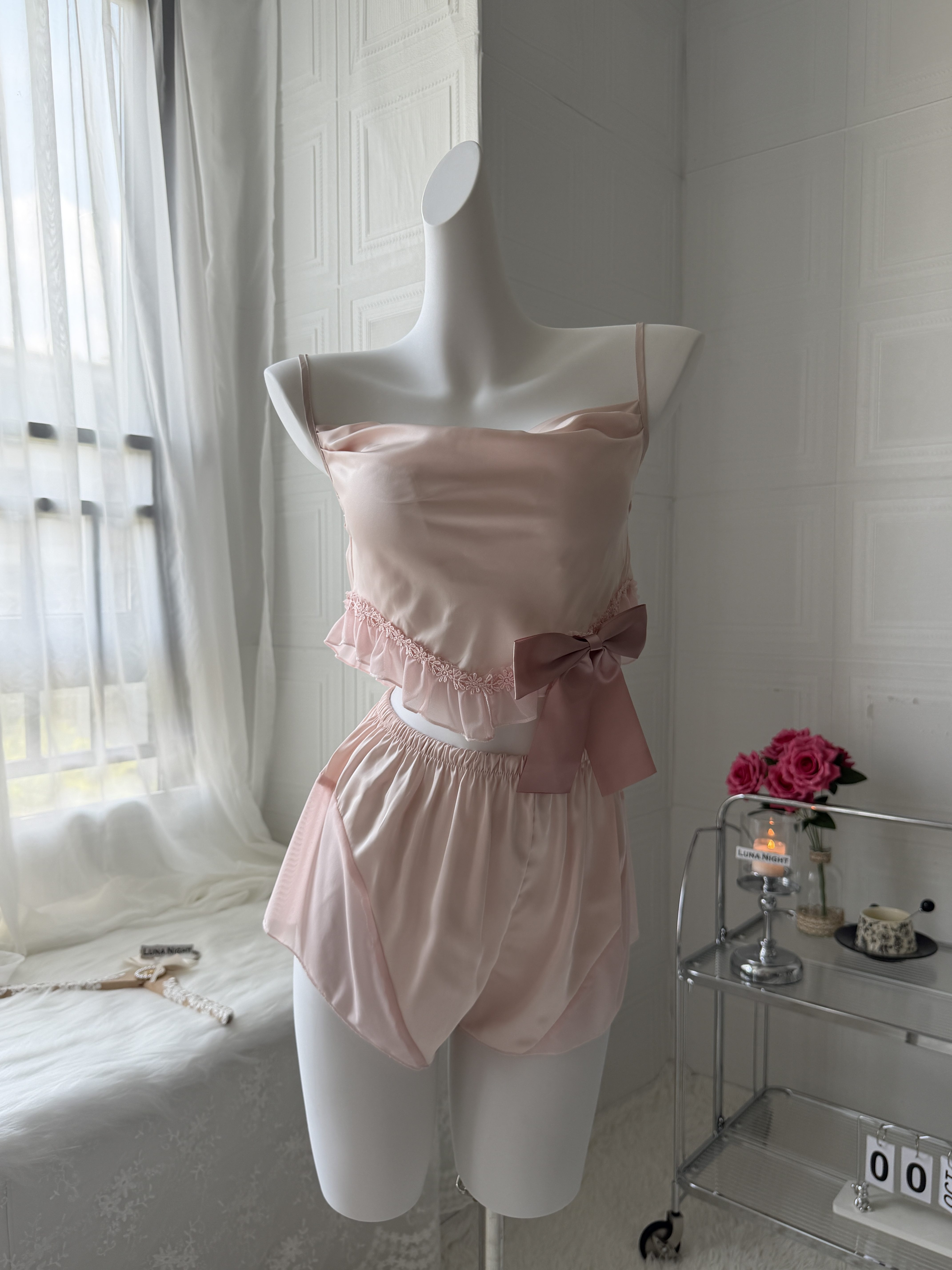 【樱花情诗】冰丝吊带睡衣两件套女 蝴蝶家居服短款睡裤套装