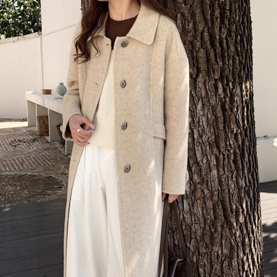 秋冬带排扣娃娃领经典双面羊毛大衣中长款加厚简约羊毛呢子外套女