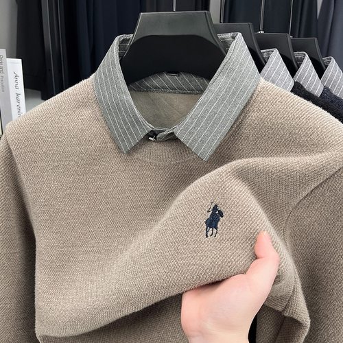 中年男士加绒加厚一体绒男士假两件毛衣冬季新款针织打底衫