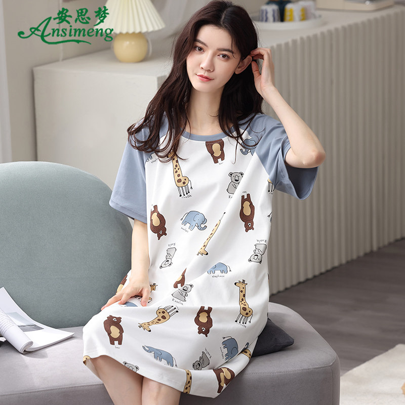睡裙夏季纯棉女睡衣薄款夏天短袖卡通可爱韩版宽松连衣裙子家居服