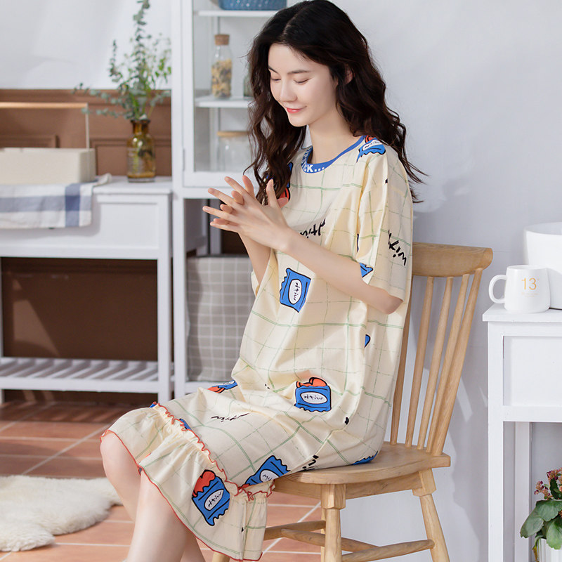 新款纯棉女睡裙夏季薄款可爱中长款休闲短袖可外穿睡衣女夏家居服