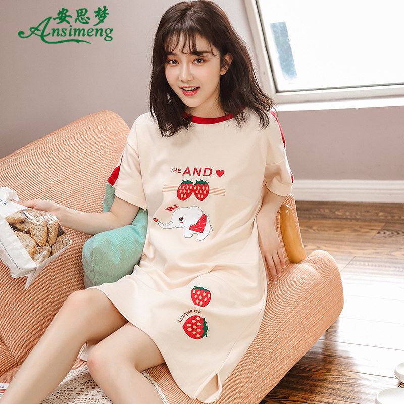 韩版睡裙女士夏季纯棉短袖夏天薄款裙子甜美可爱草莓卡通全棉睡衣