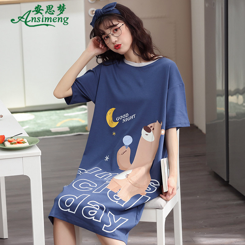 睡衣女夏季纯棉短袖宽松薄款夏天中长款家居服韩版可爱卡通睡裙子