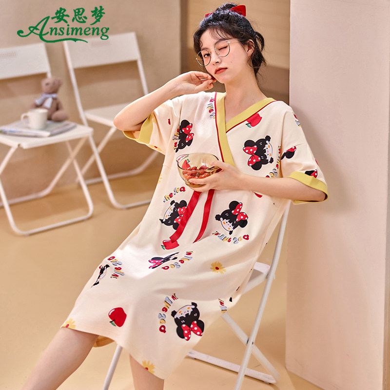 睡衣女夏季睡裙纯棉短袖薄款甜美可爱夏天宽松连衣裙子中裙家居服