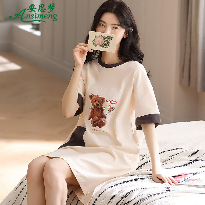 夏季新款睡衣短袖女士纯棉薄款甜美卡通时尚睡裙休闲宽松外穿家居