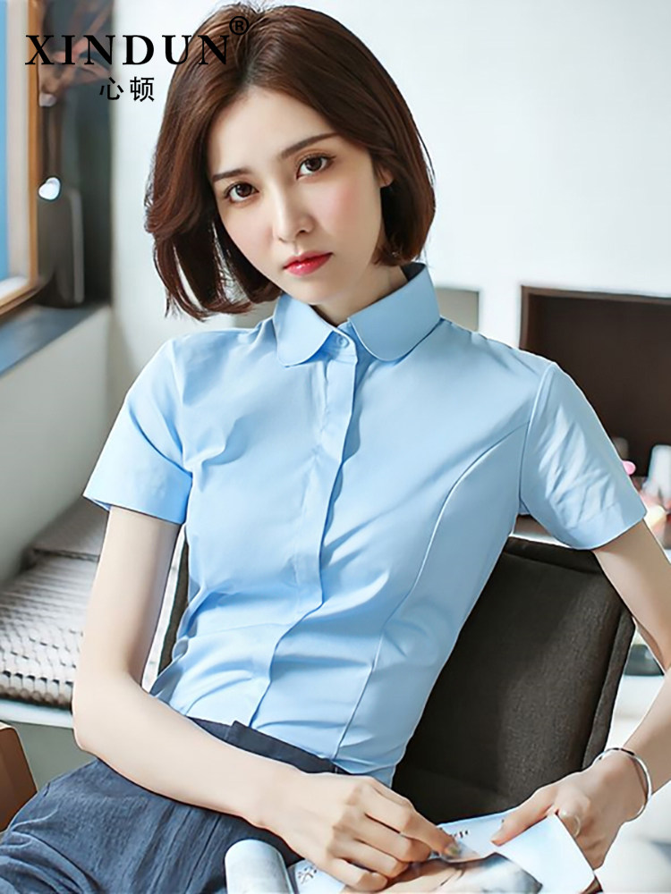 娃娃领圆领天蓝色衬衫女短袖职业装工装工作服女2024夏季新款衬衣