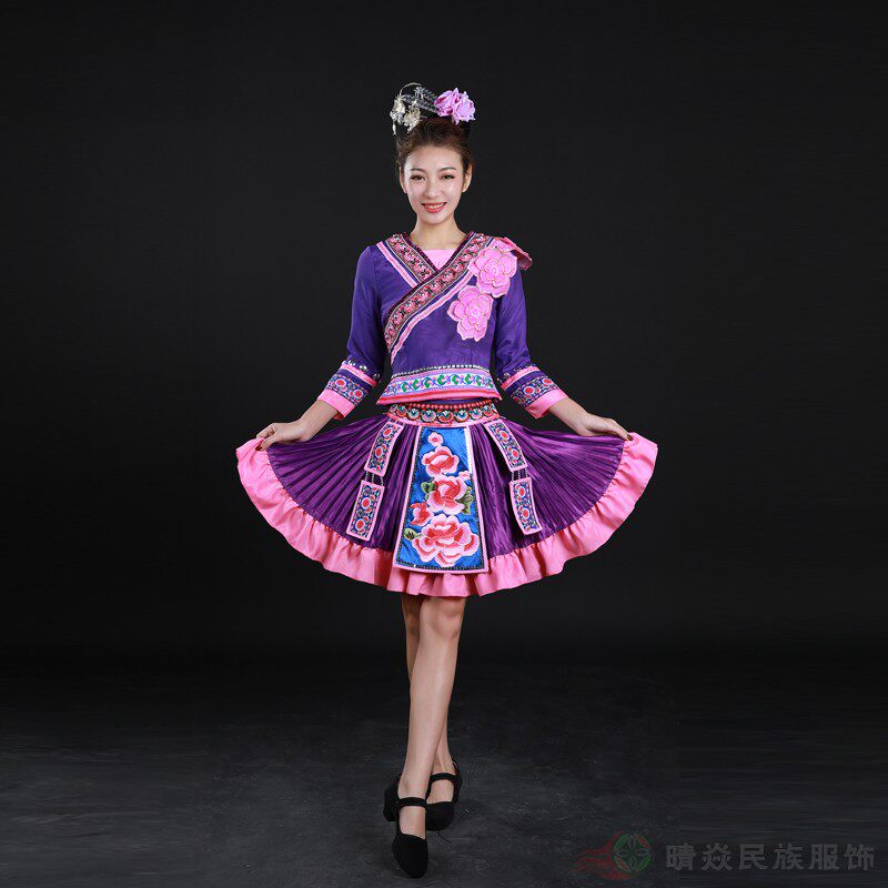 晴焱新品 苗族服饰紫色百褶短裙女装舞台表演演出服饰裙装