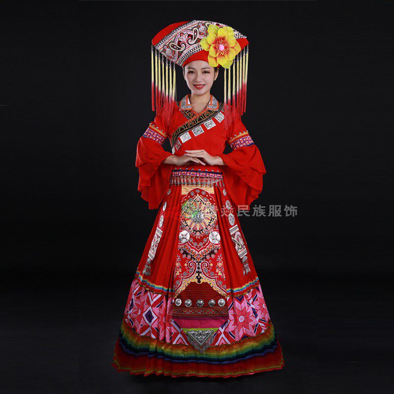 晴焱定制 壮族民族大红色印花长裙女装服饰舞台表演礼仪服装图片