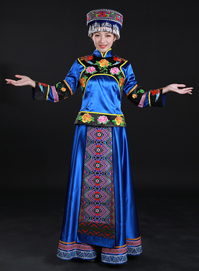 晴焱定制土家族宝蓝色民族服装纯手工晚会演出舞台演出表演服女