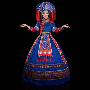 晴焱定制 夏上新 民族风 壮族服饰 刘三姐舞台套装 蓝色系