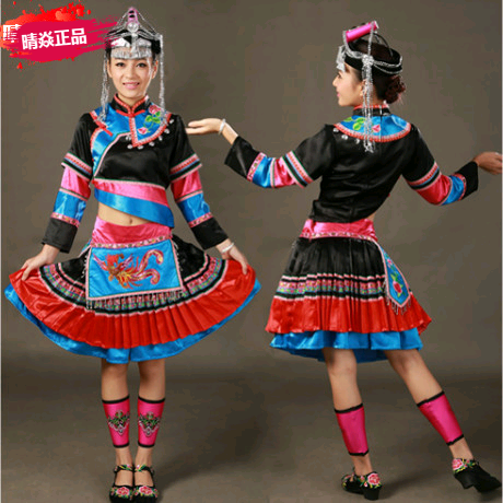 晴焱定制性感黑红相间少数民族畲族服饰短裙套装女装舞台演出服装