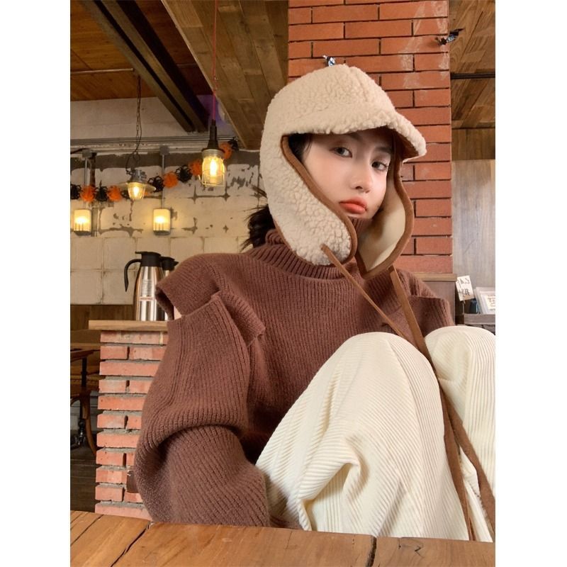 镂空堆堆领针织毛衣女秋冬套头设计感小众甜美露肩内搭打底衫上衣