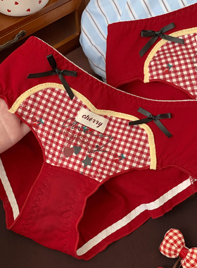 复古甜心~女生纯棉红色本命年内裤2026新款中腰三角裤透气亲肤款