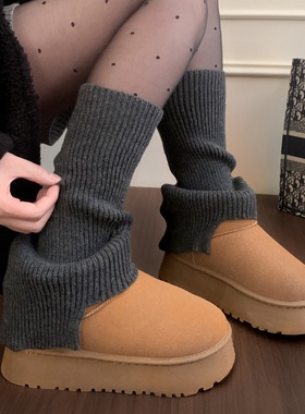 日系灰色针织叠穿堆堆袜白色袜子雪地靴黑色保暖护小腿袜套女秋冬