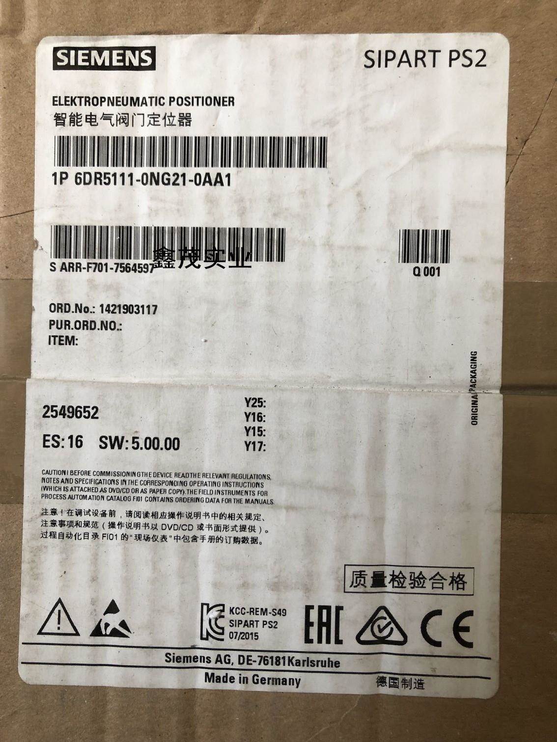 西门子阀门定位器6DR5111-0NG21-0AA1 全新原装现货