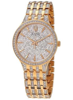 代购BULOVA宝路华男士腕表计时夜光防水走时金属钢带镶钻金色