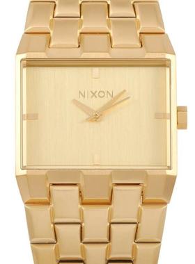 代购Nixon男士腕表计时夜光防水日期金属钢带金色矩形商务休闲