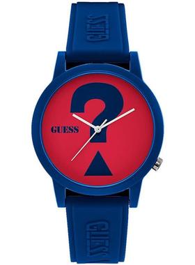 代购GUESS男士腕表计时夜光防水指针橡胶带钢壳红色盘蓝色表带