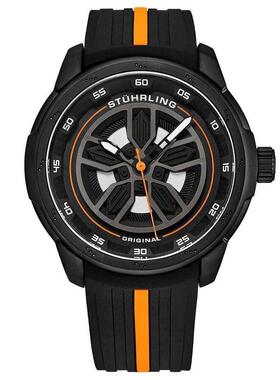 代购Stuhrling男士腕表夜光防水计时指针橡胶黑色橙色金属休闲
