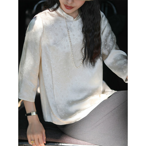 麻霖提花醋酸缎面料新中式袖上衣