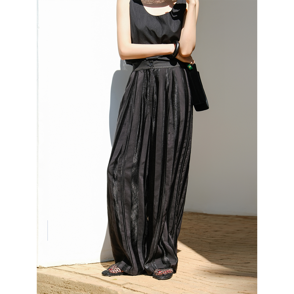 麻霖亚麻混纺竖条纹休闲阔腿长裤